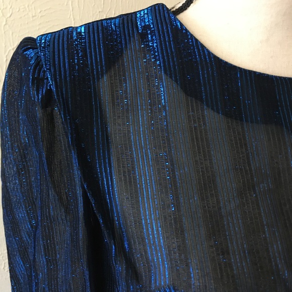 Vintage 80s Frejani Formal Sheer Blouse Top Black Blue Metallic Stripe XL - Picture 6 of 6